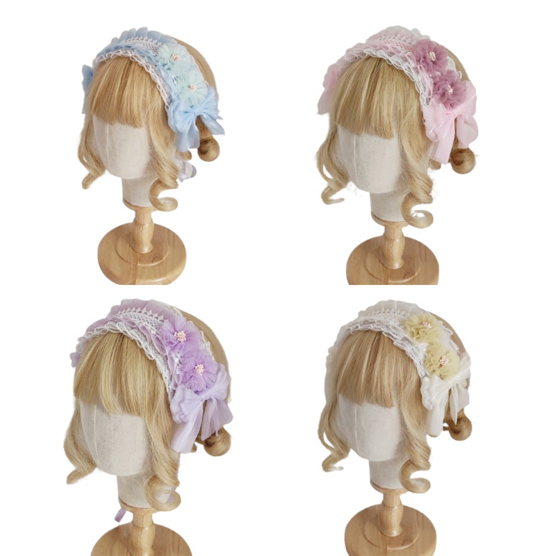 Băng đô ruy băng dài phối vải ren nhiều lớp đính nơ hoa phong cách lolita tiệc tùng dành cho nữ