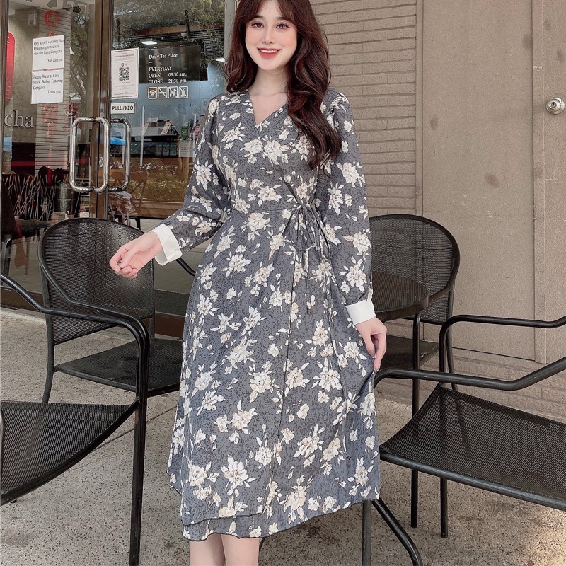 Đầm nữ maxi phong cách Hàn Quốc, vải lụa in hoa 100D cao cấp, trẻ trung kèm dây thắt eo hiện đại L81-  WB WOMAN &amp; BEAUTY