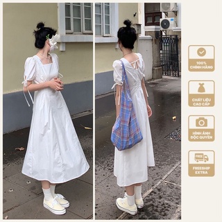 Váy trắng tiểu thư xếp li ngực, đầm babydoll dáng dài phong cách Hàn Quốc