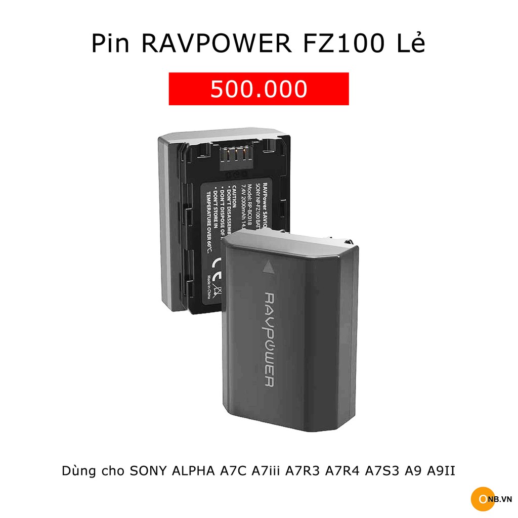 Pin Ravpower FZ100 lẻ cho Sony Alpha A7C A7III A7R3 A7S3