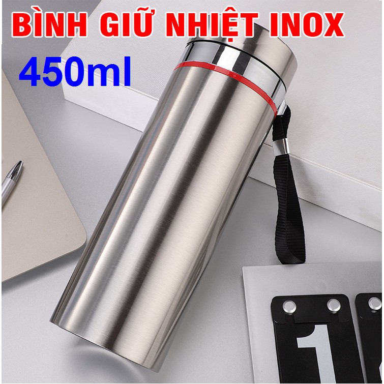 Bình nước bình giữ nhiệt bằng inox 304 cao cấp dung tích 450ml có dây đeo