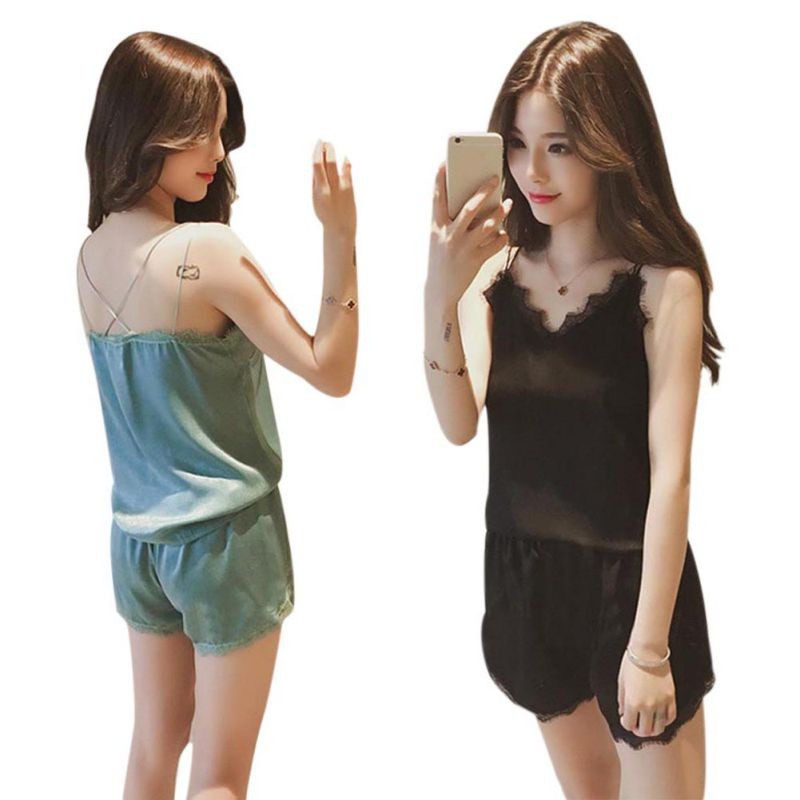 Bộ áo ngủ 2 dây màu trơn kèm quần ngắn thời trang cho nữ