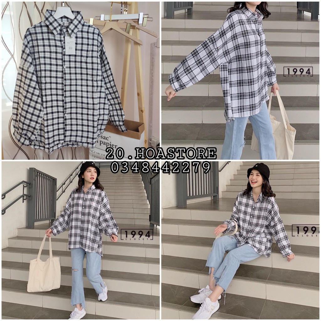 ÁO SOMI CARO DÁNG DÀI FLANEL UNISEX FORM RỘNG MÀU XÁM ĐEN TRẮNG LẠ - ÁO KHOÁC CARO BASIC HOT
