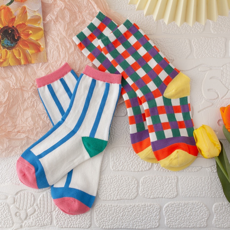 WAFNHA D308 Vớ cotton Cổ Trung Màu Cầu Vồng Phong Cách Hàn Quốc Thời Trang Cho Nữ