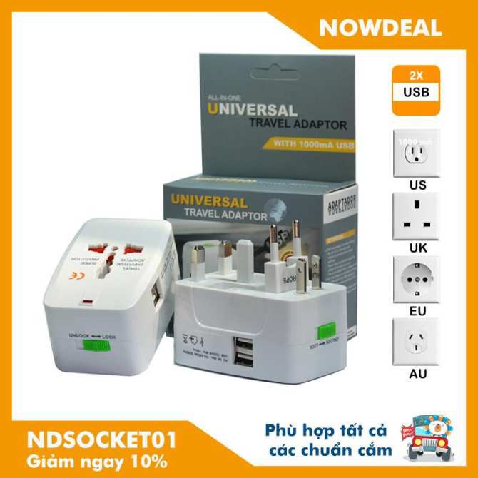 Ổ Cắm Điện Đa Năng Du Lịch có 2 cổng sạc USB Universal Travel Adapter - NSC Việt Nam