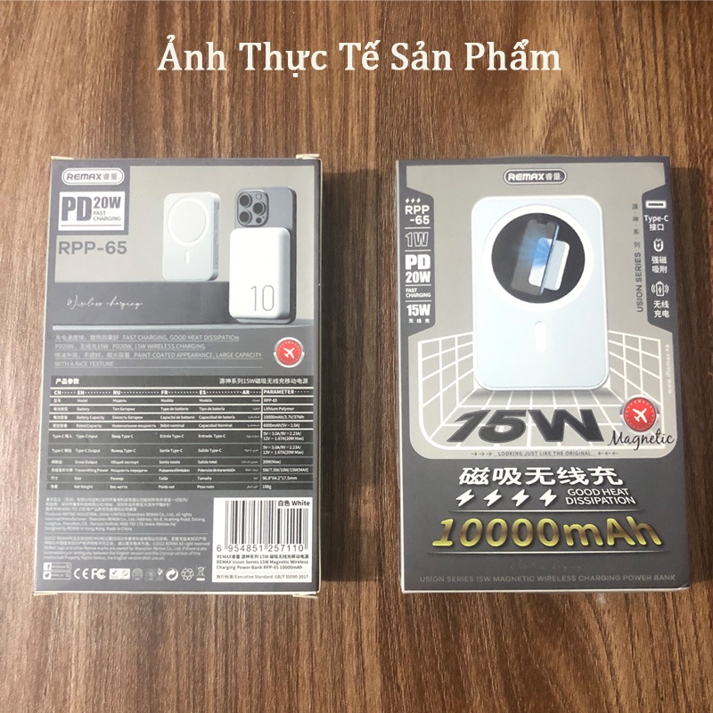 Pin Sạc Dự Phòng Sạc Nhanh 20w Remax RPP-65 10000mah Hỗ Trợ Sạc Không Dây Dòng 15w Phù Hợp Cho Các Điện Thoại Hỗ Trợ.