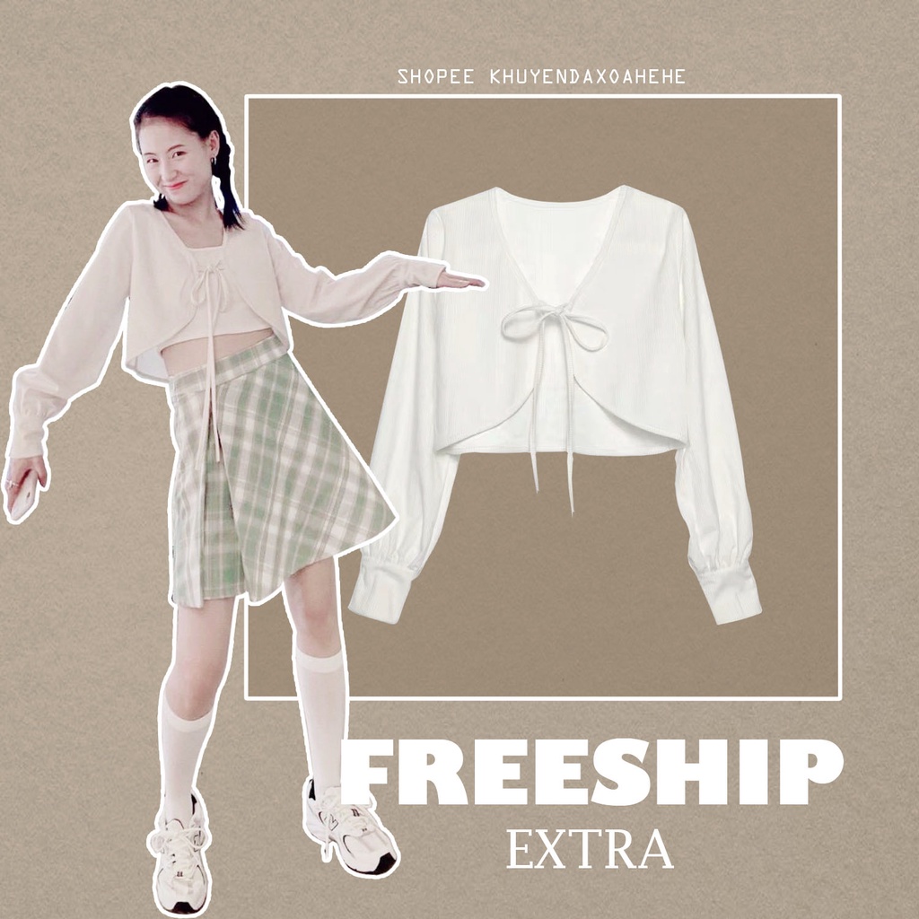 AK014 Áo cardigan nữ ngắn trắng dài tay buộc nơ croptop, Áo khoác kiểu nữ cadigan crt điệu tiểu thư bánh bèo nữ tính