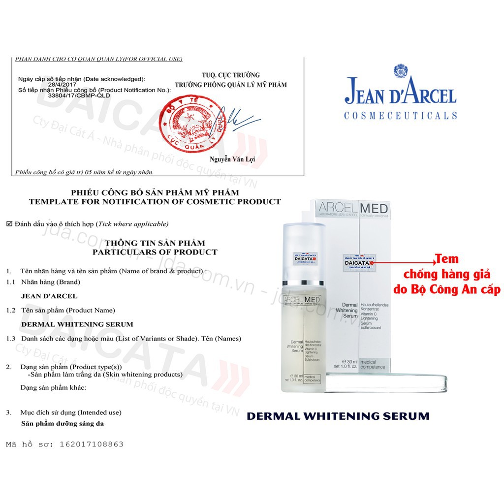 [HÀNG NHẬP KHẨU] Tinh chất làm mờ vết nám, hỗ trợ làm trắng da Jean D'Arcel Dermal Whitening Serum