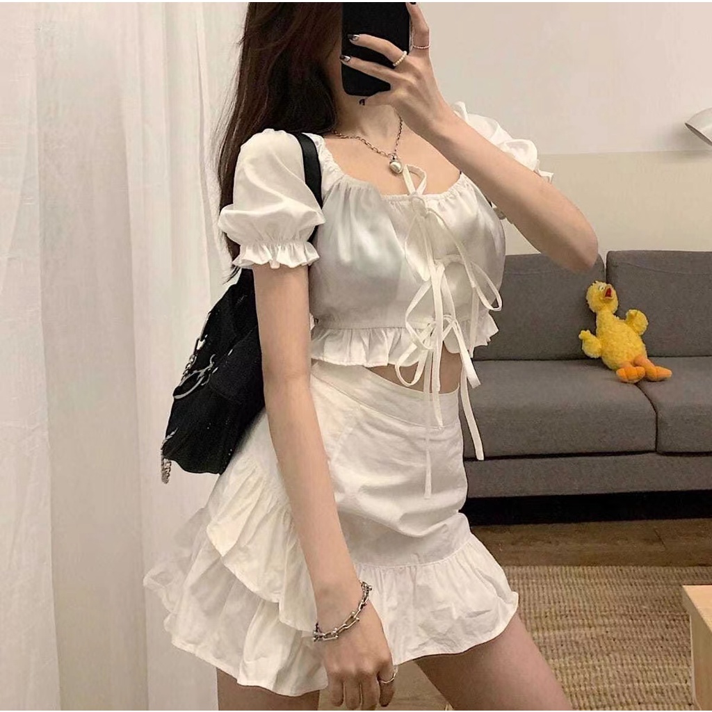 Áo sơ mi ngắn tay áo sơ mi A-Line Bộ quần áo thời trang nữ cạp cao màu trắng Ruffle