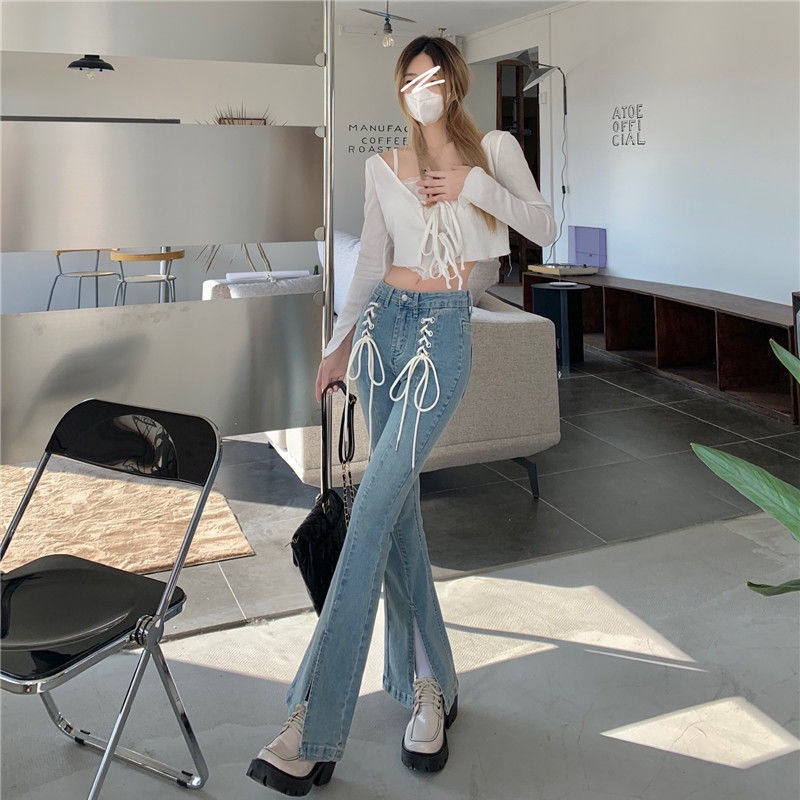 IELGY Quần Jean Ống Loe Lưng Cao Ôm Dáng Xẻ Tà Thời Trang Cho Nữ