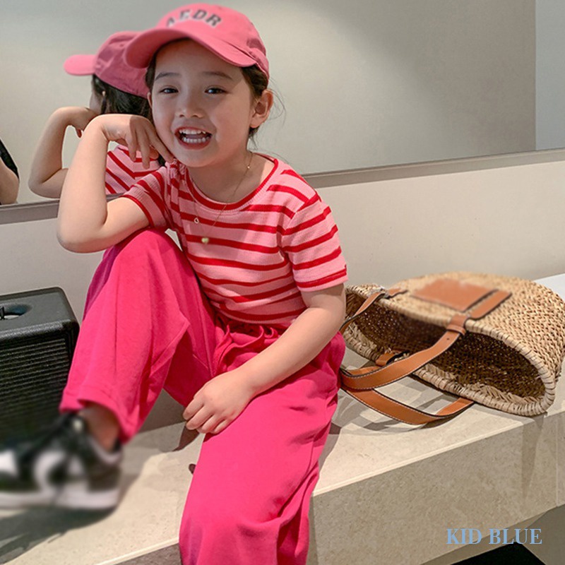 Bộ Áo Dệt Kim Ngắn Tay Kẻ Sọc + Quần Ống Rộng Thời Trang Cho Bé Gái