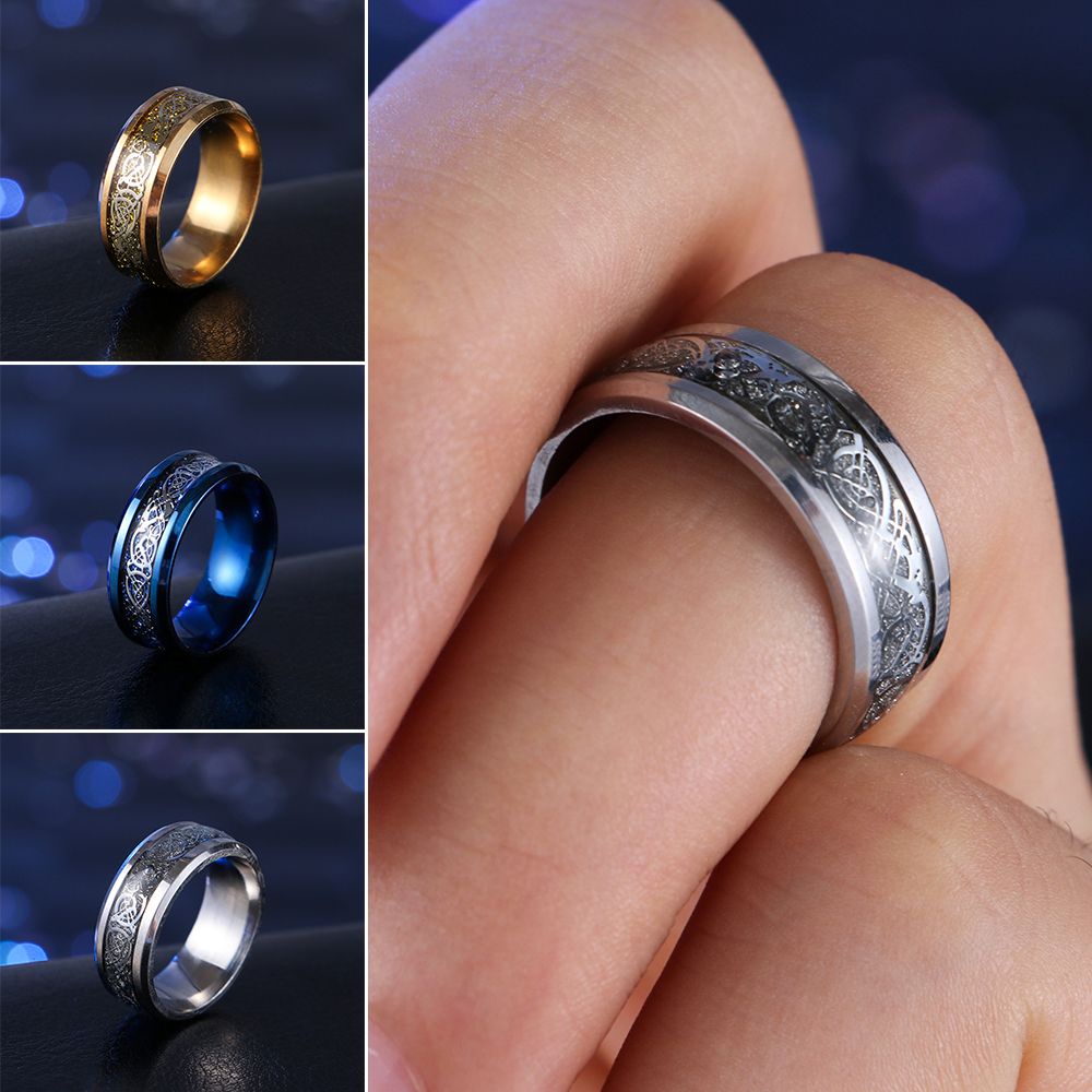 Nhẫn bằng thép titan không gỉ 8mm hình rồng nhiều màu sắc phong cách cổ điển dành cho nam