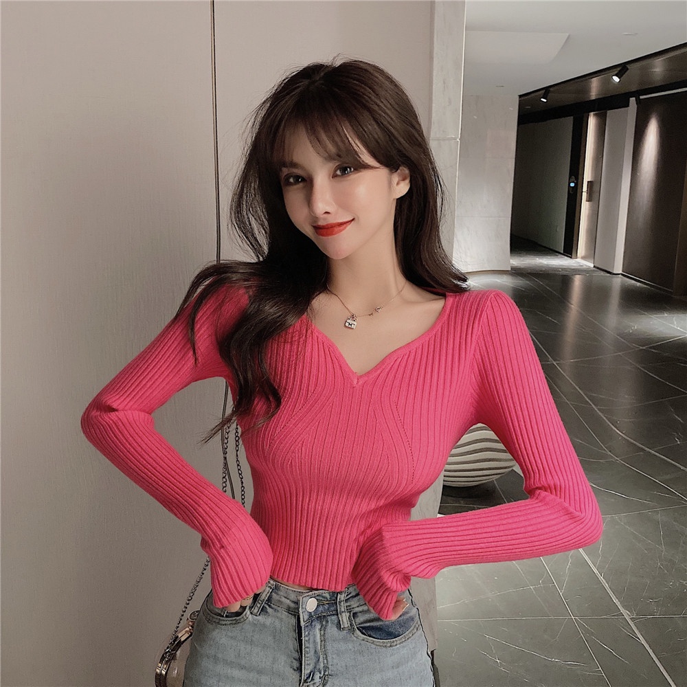 Áo dệt kim tay dài cổ chữ V thời trang xinh xắn nhiều màu tùy chọn cho nữ