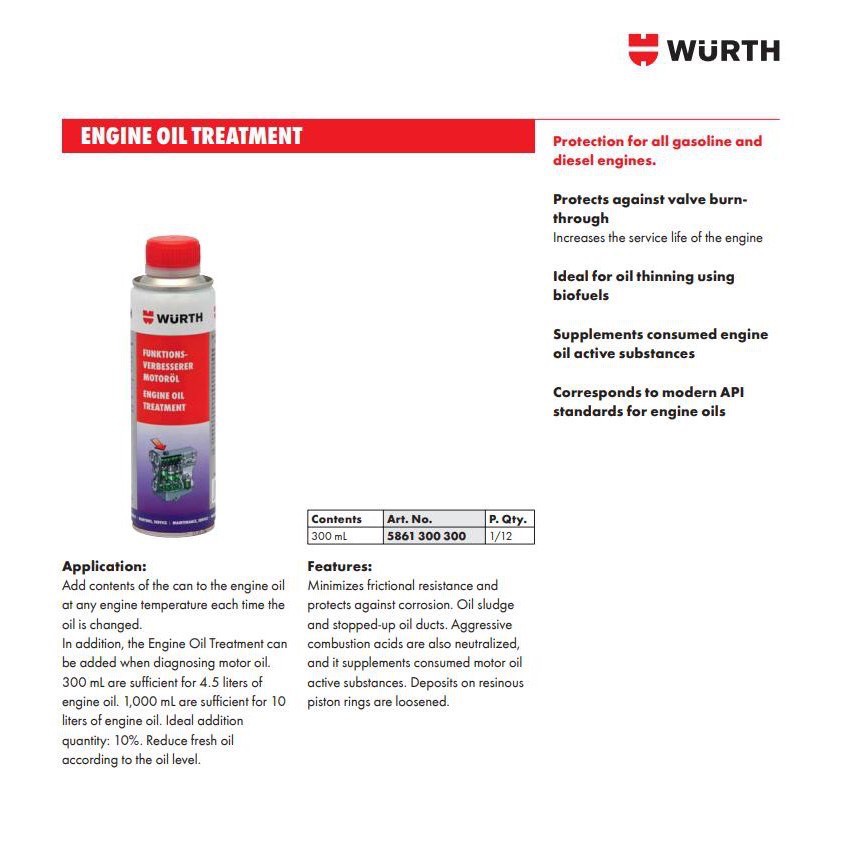 Phụ gia dầu nhớt WURTH Engine Oil Treatment 300ml 5861300300