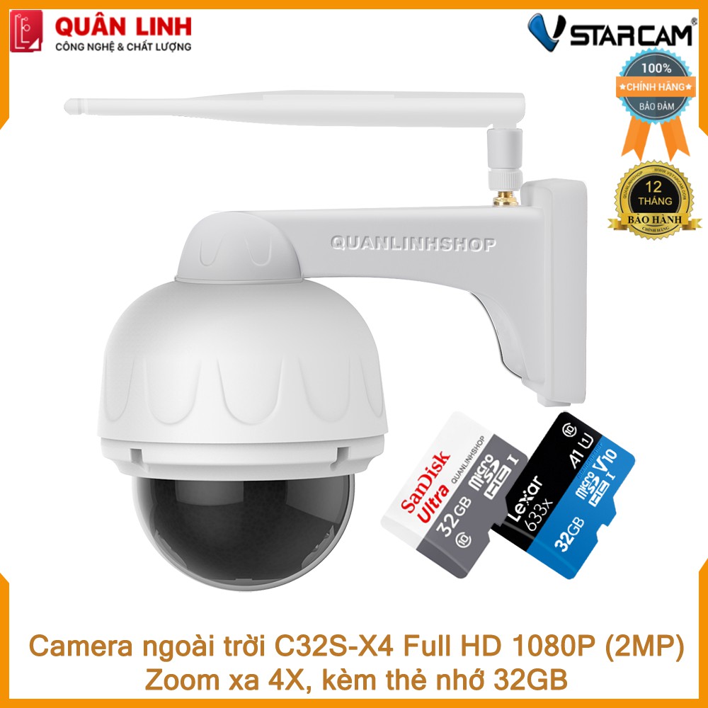 Camera giám sát IP Wifi hồng ngoại ngoài trời zoom xa 4X Full HD 1080P 2MP Vstarcam C32s-X4 kèm thẻ nhớ 32GB