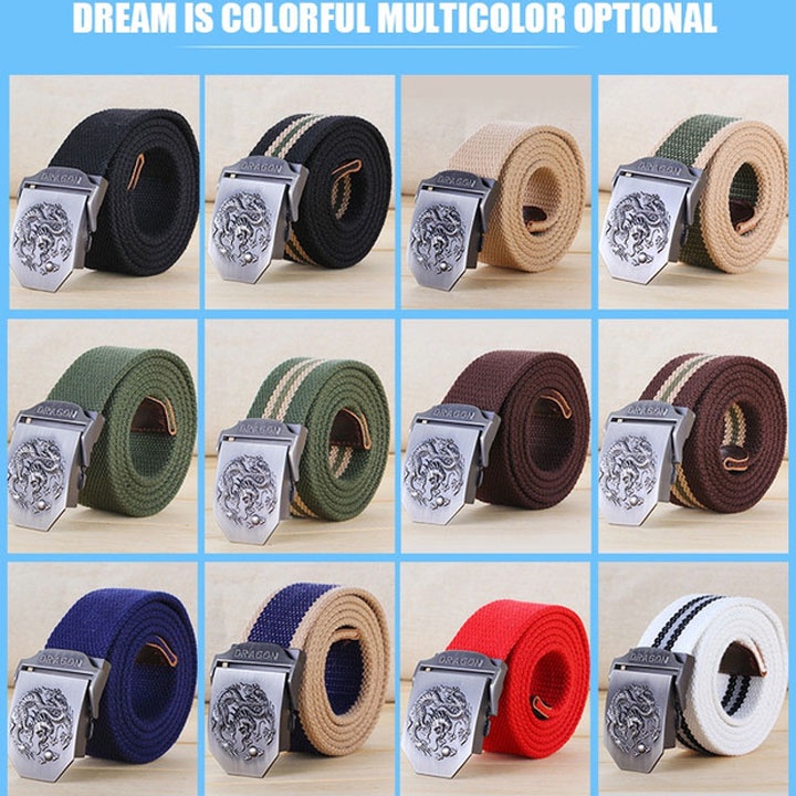 Dây lưng nam vải dù mặt Rồng, thắt lưng nam trẻ trung vải bố siêu bền khóa cài kim loại không gỉ sáng bóng