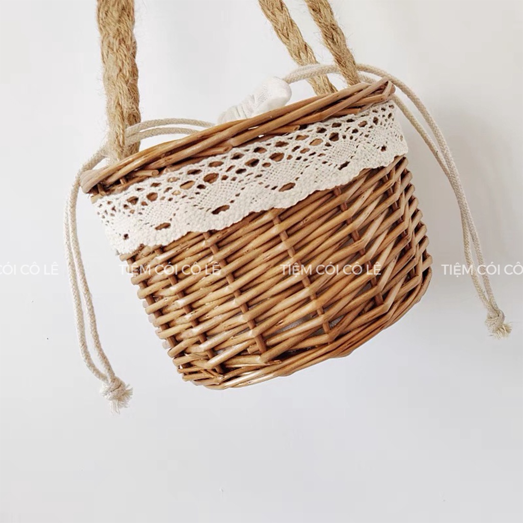 Túi mây tròn nơ ren xách tay vintage, phụ kiện thời trang đi biển, chụp ảnh - Tiệm Cói Cô Lê