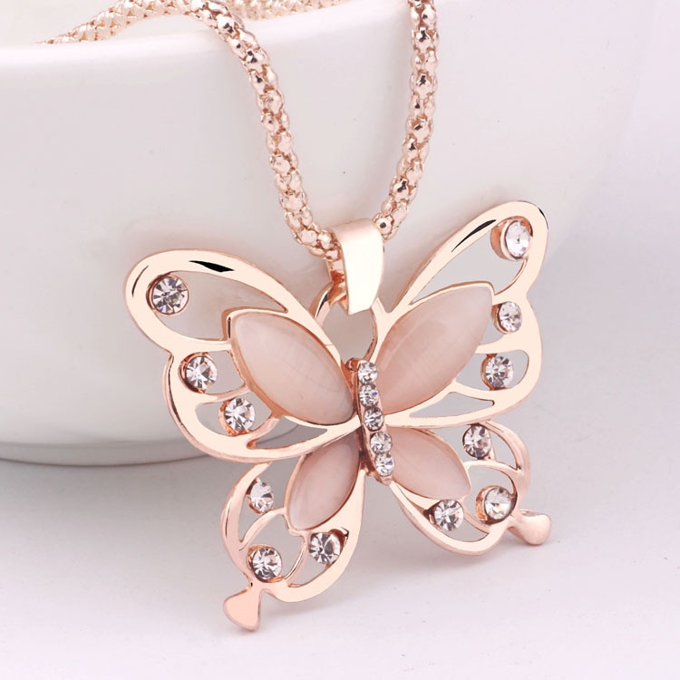 Fashion Women's Lady Pendant Necklace Women's Rose Gold Opal Butterfly Pendant Necklace Sweater Chain Jewellery Gift HBAR