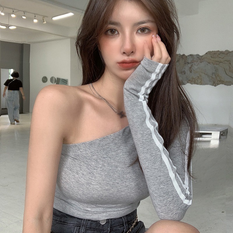 Áo Thun Trễ Vai Tay Dài Hoạ Tiết Kẻ Sọc Thời Trang Mùa Hè Hàn Quốc Cho Phái Nữ