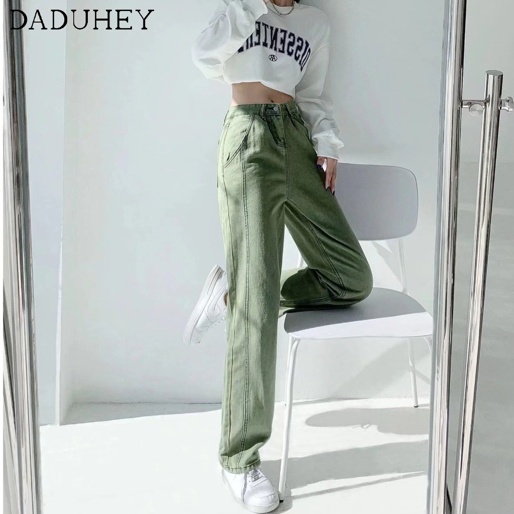 Quần jeans daduhey ống rộng màu xanh lá phong cách Hàn Quốc thời trang mùa hè 2022