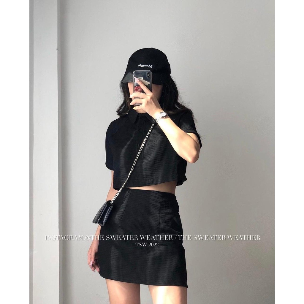 Set xốp croptop cộc tay trơn cổ đức mix chân váy 5065 chữ A chun lưng A1051A Nhung Nhớ