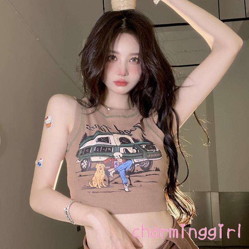 Áo Tank Top In Họa Tiết Chó Hoạt Hình Phối Màu Dễ Thương Thời Trang Mùa Hè Cho Nữ