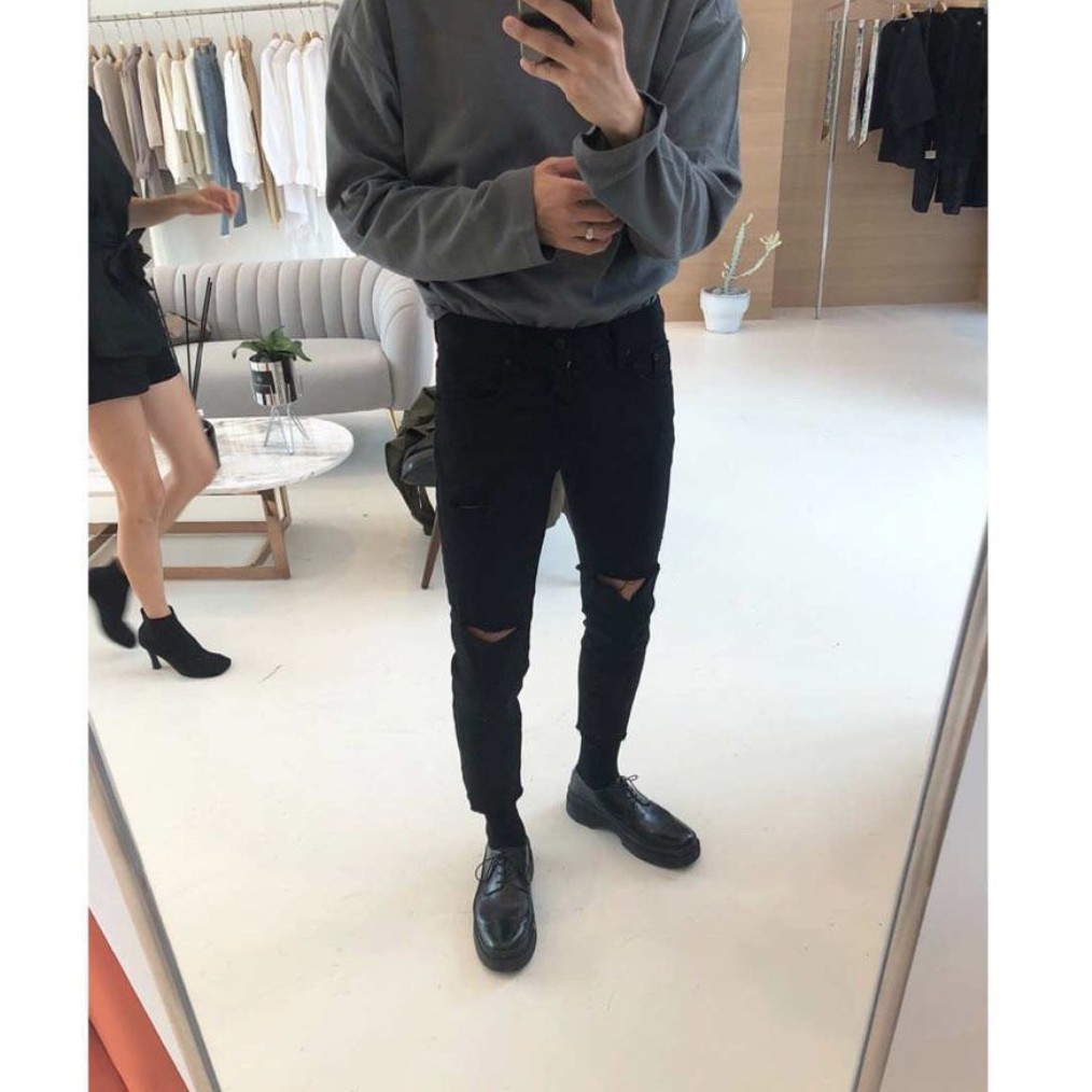 [Tiền Nào Của Đấy]Quần Jean Nam Rách Gối Màu Đen Vải Không Phai Màu, Co Giãn 4 Chiều Skinny Phong Cách Hàn Quốc-J07