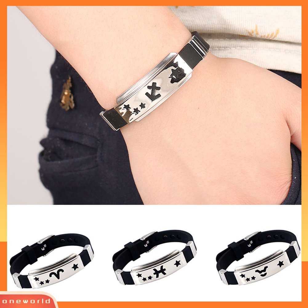 Vòng tay bằng silicone phối mặt kim loại khắc hình 12 cung hoàng đạo đầy độc đáo