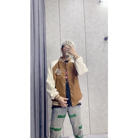 Áo khoác Bomber Tay Da, Áo bóng chày, áo khoác da dáng rộng Hàng Quảng Châu Cao Cấp