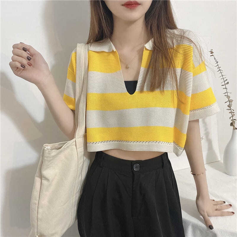 Áo Thun COZOK Cổ Chữ V Dáng Rộng Kẻ Sọc Ngang Trẻ Trung Hợp Thời Trang