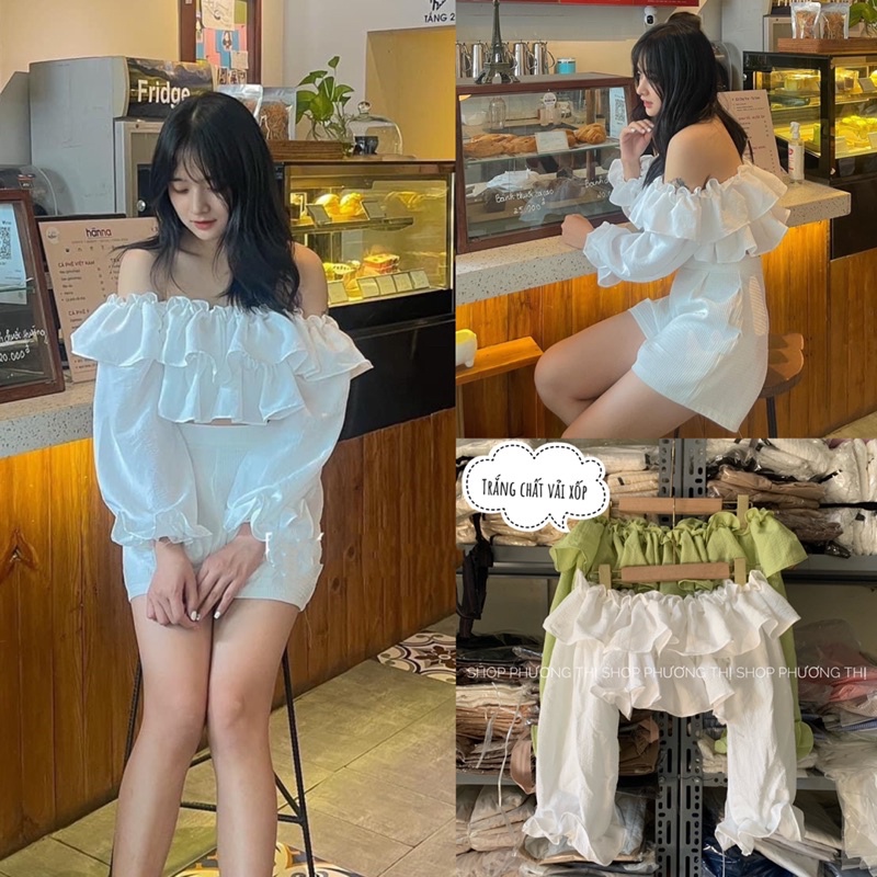 Áo trễ vai bèo dáng croptop xinh tiểu thư