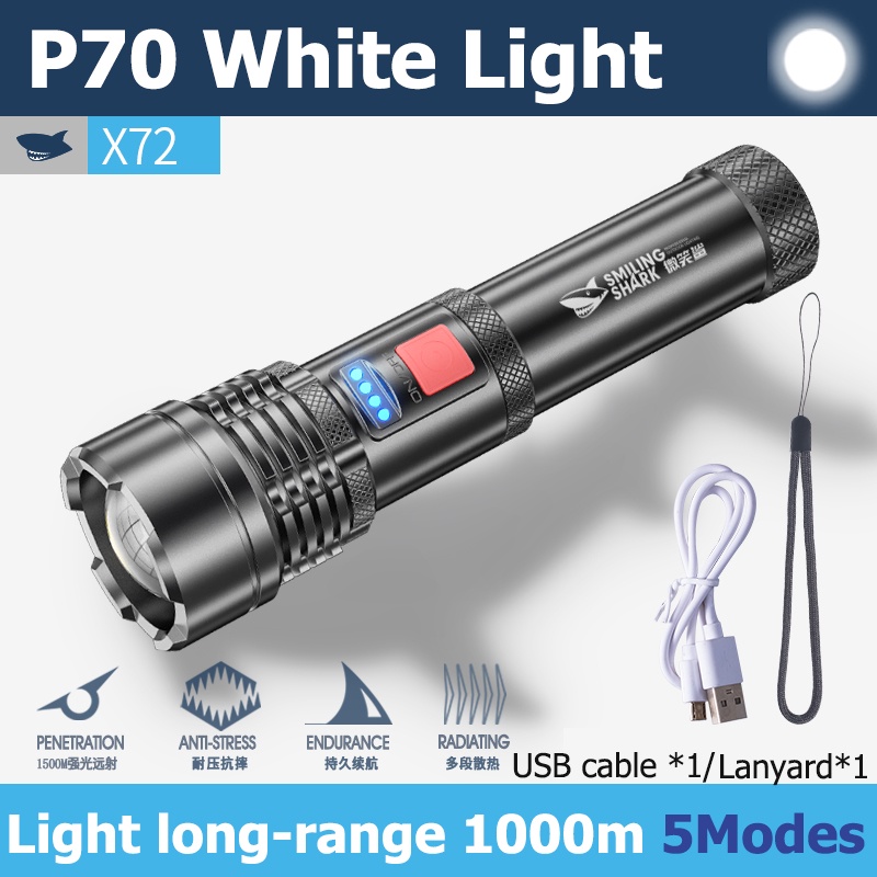 Đèn pin SMILING SHARK X72 LED P70 công suất cao 5 chế độ có thể thu phóng sạc USB chống nước cho săn bắn/cắm trại