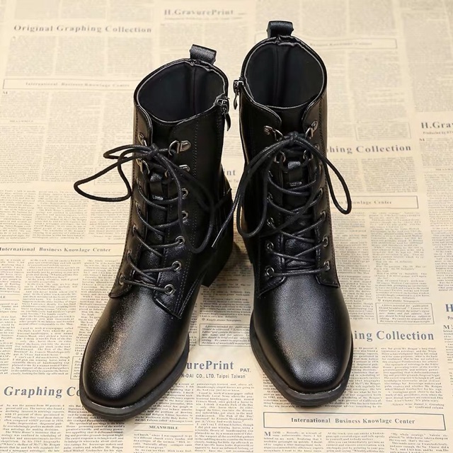 Giày boot nữ cổ thấp da lộn buộc dây trước cao cấp - Giày boots nữ cổ thấp da bóng đế vuông sanh chảnh [order 7-15 ngày]