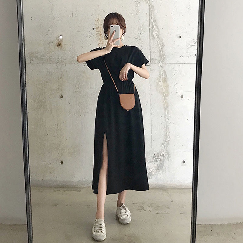 Đầm Dài Qua Gối Tay Ngắn Dáng Rộng Xẻ Tà Phong Cách Hàn Quốc Thời Trang Mới Cho Nữ