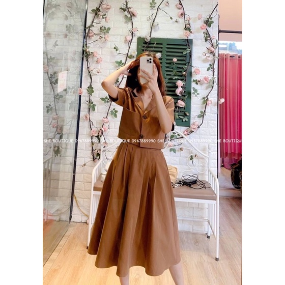Set vest croptop chân váy có túi