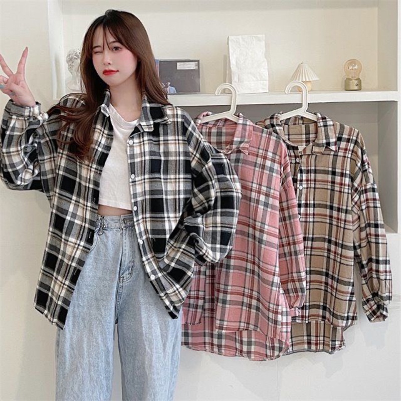 Áo sơ mi nữ dài tay kẻ caro form rộng kiểu đẹp hàng nhập Quảng Châu ANDOSA SM13