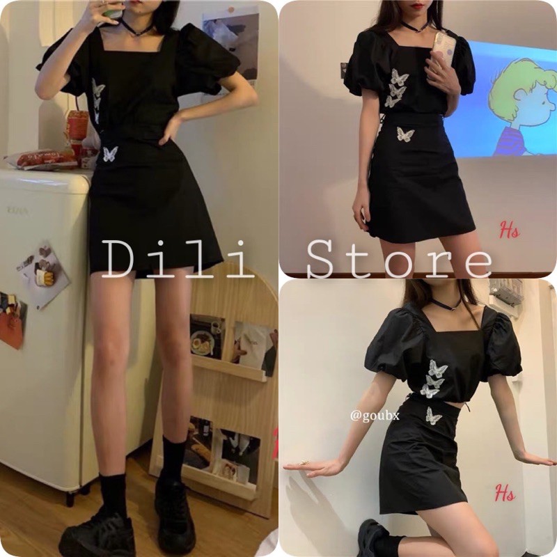 Set váy nữ🍍Bộ Chân Váy Nữ Áo Cổ Vuông In Bướm 🍍 FREESHIP 🍍 Set Áo Váy Nữ Ngắn Màu Đen cực xinh dễ phối đồ cho các bạn nữ