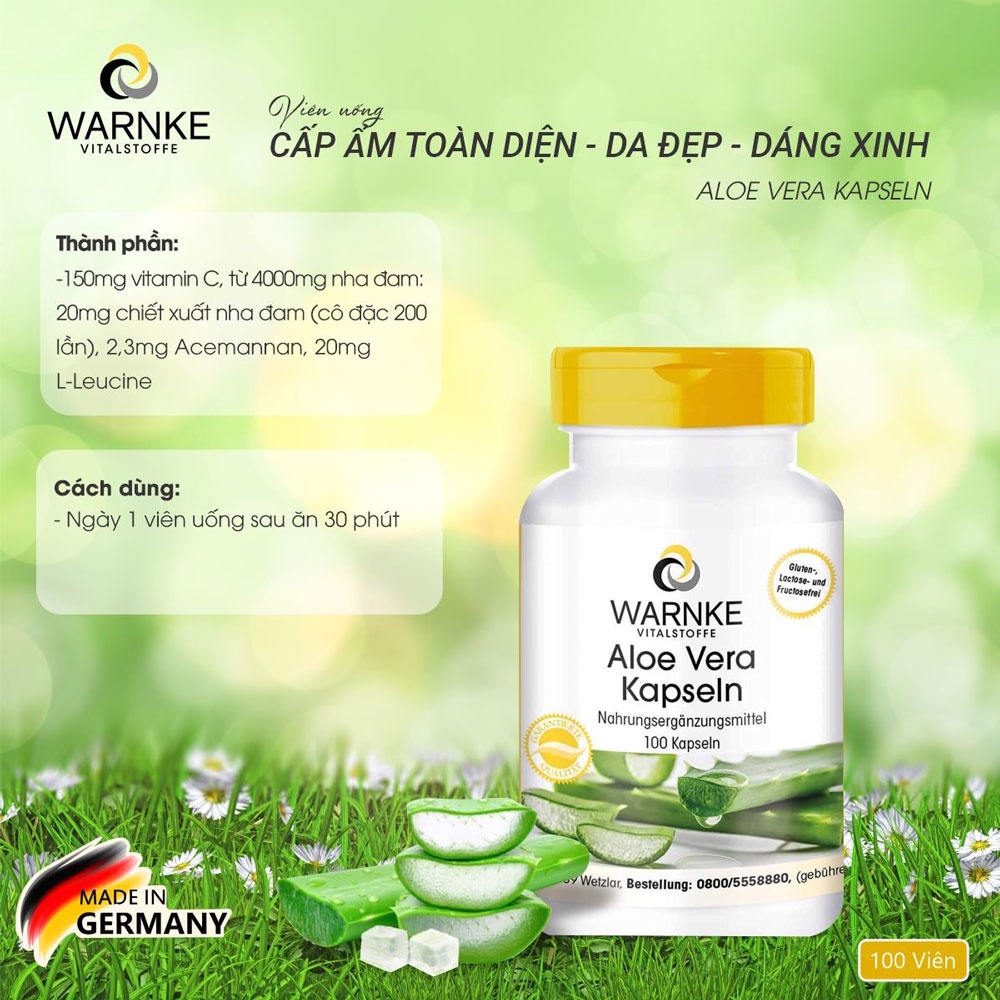 Viên uống cấp ẩm cho da Warnke Aloe Vera Kapseln chiết xuất từ lô hội 100 viên