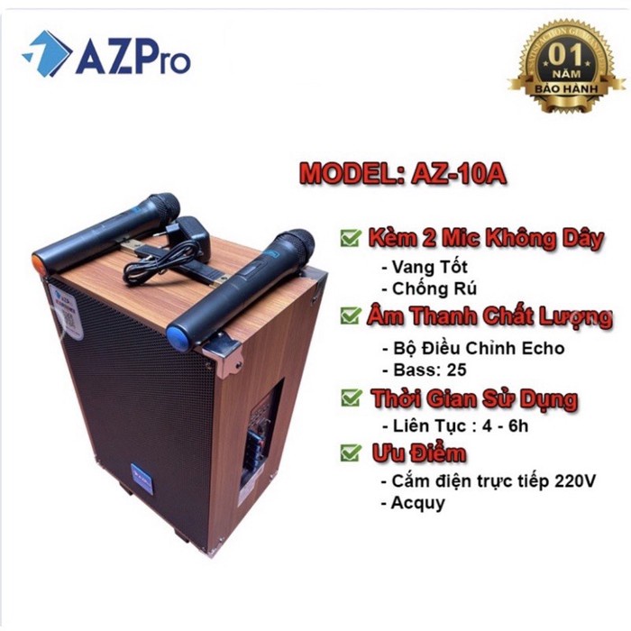 Loa Kéo Bluetooth AZPro AZ-10A Bass 2.5 tấc Kèm 2 Mic Không Dây Chống Rú Công Suất Đỉnh 500w - Hàng Chính Hãng