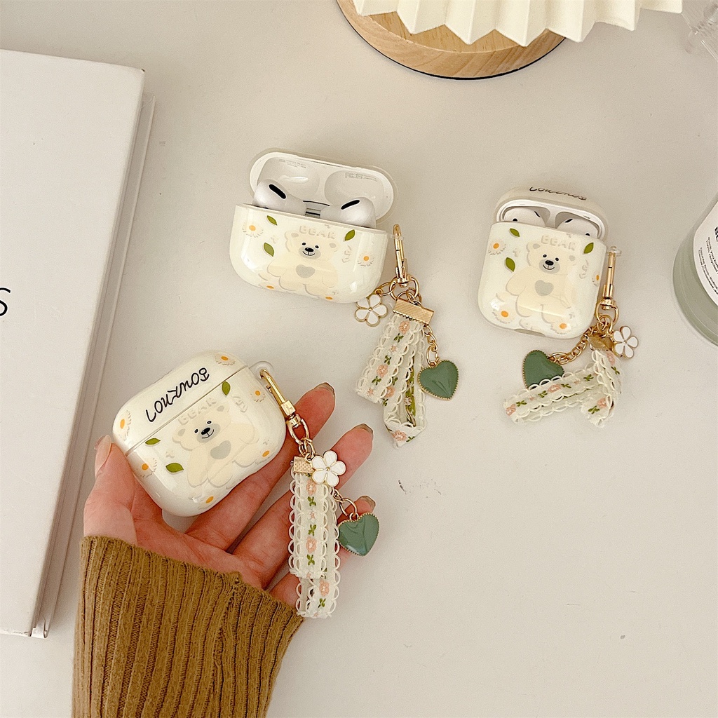 Vỏ Bảo Vệ Hộp Sạc Tai Nghe Bluetooth Không Dây AirPods 1 2 pro 3 2021 gen3 Bằng Silicon tpu Họa Tiết Chú Gấu &amp; Lá Cây Dễ Thương