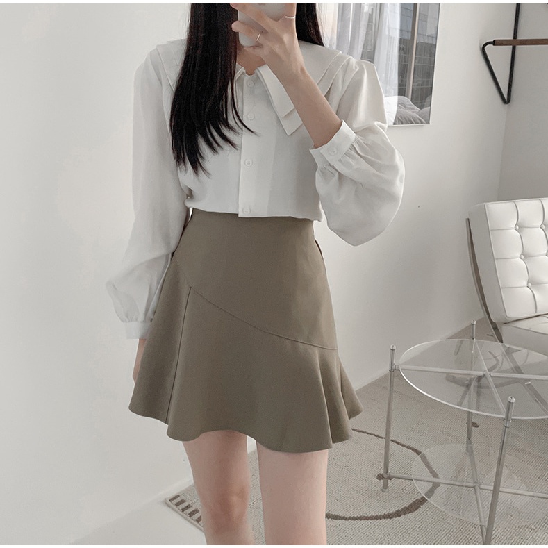 Áo sơ mi tay dài cổ bẻ phối bèo/ chân váy chữ A lưng cao phong cách mới 46910