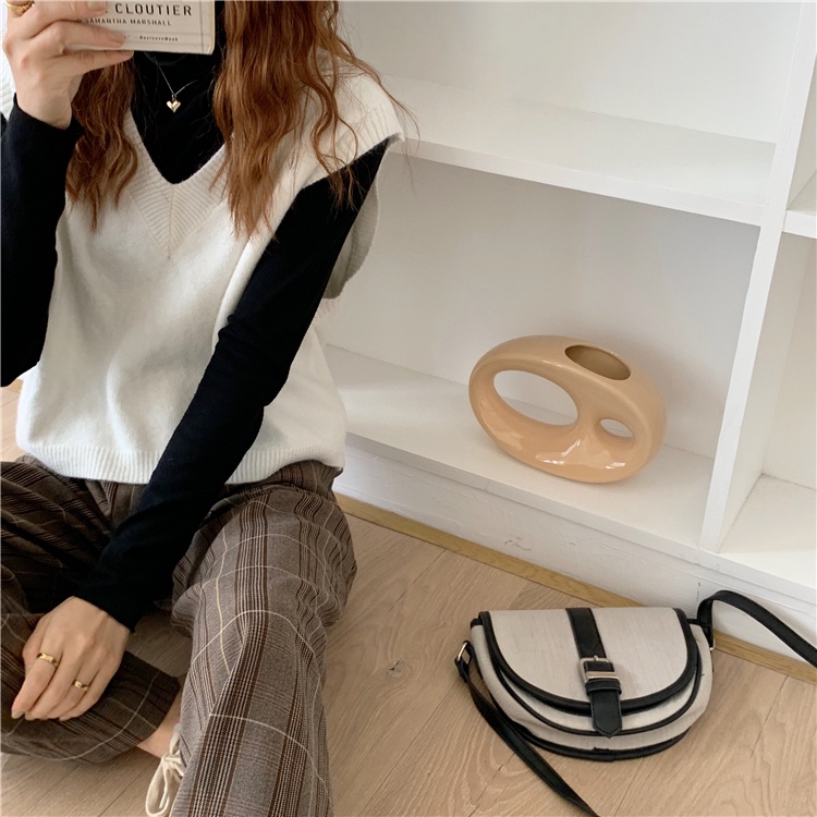 Áo Gile Len nữ Màu trơn Form rộng Thu Đông Ulzzang Hàn Quốc Áo Gile Len nữ Cổ tim Thời trang
