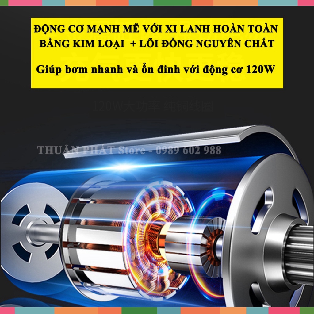 Bơm hơi mini 12v - Máy bơm xe ô tô 12v công suất 120w 2 in 1,tích hợp pin 6000 mAh,tự động ngắt,đèn LED chiếu sáng