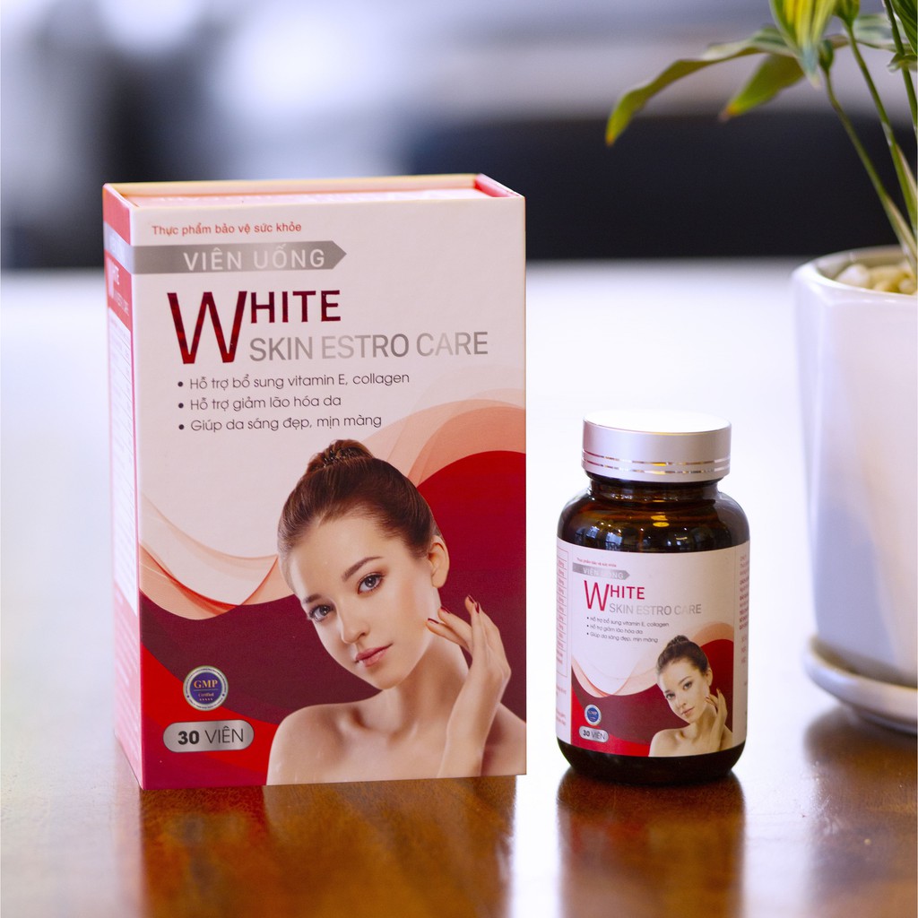 Viên uống trắng da White Skin Estro Care giảm lão hóa cấp ẩm dưỡng da mềm mịn mờ thâm nám tàn nhang tăng nội tiết tố nữ