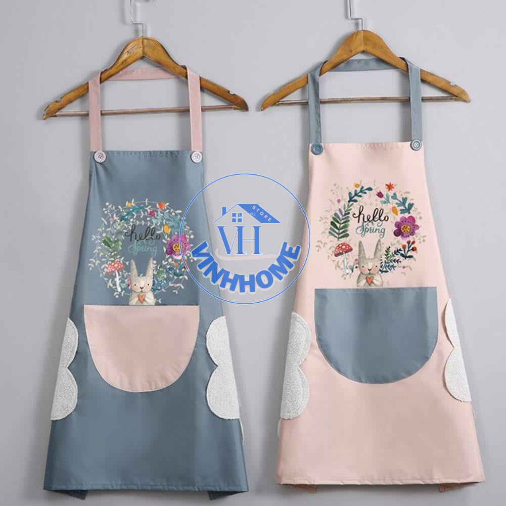 Tạp dề chống thấm nước có lau tay họa tiết thỏ xinh kèm túi to tiện lợi vinhhome.store