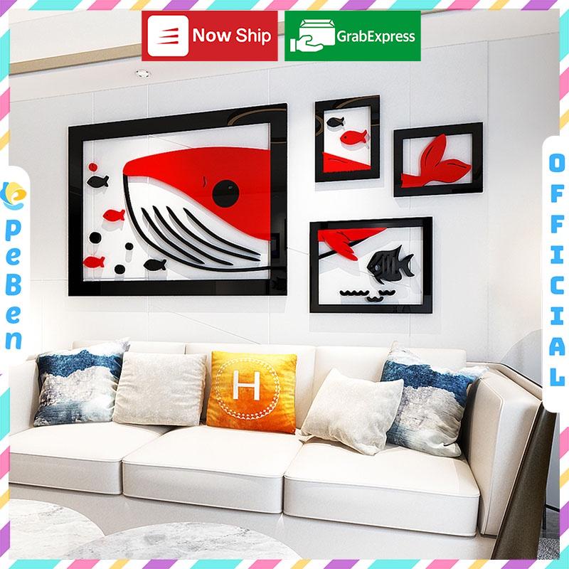 Tranh dán tường mica 3d decor khổ lớn cá voi dưới đại dương trang trí quán ăn, nhà hàng, phòng ngủ Nhiều Size - EPeBen