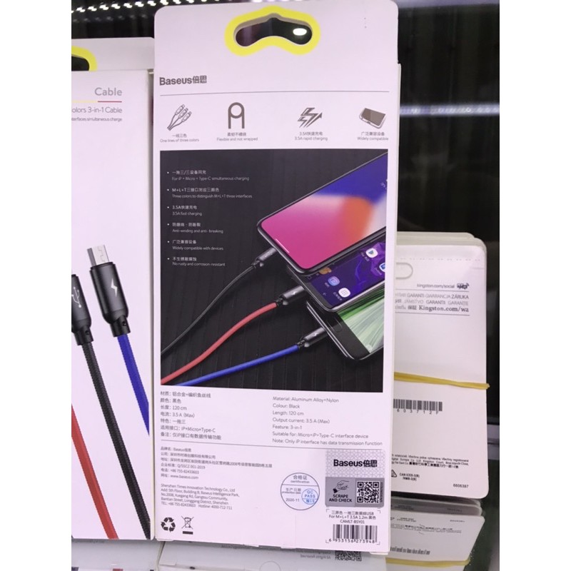 Dây Baseus chính hãng ba đầu cao cấp hỗ trợ cho các dòng máy samsung, i.phone, oppo, mi,...
