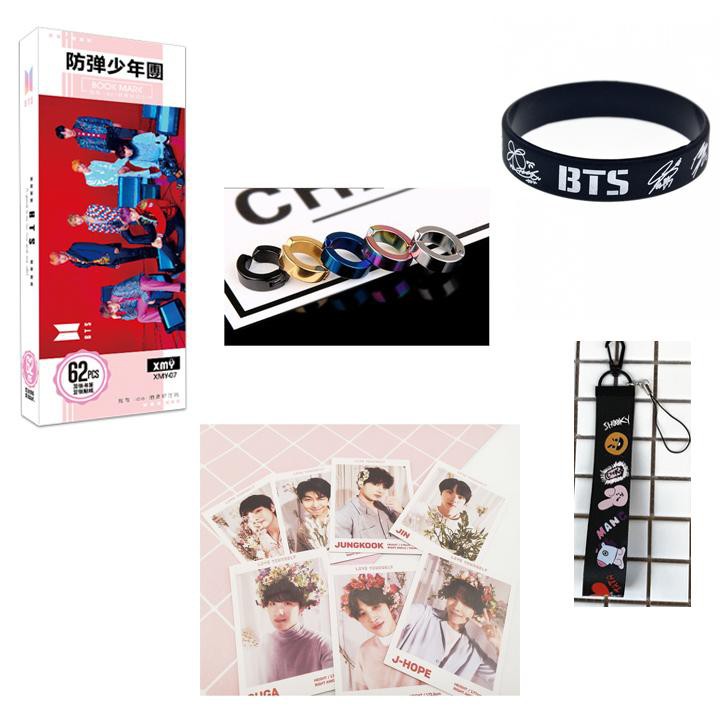 (M47) Combo 5 món đồ BTS gồm khuyên tai bookmark vòng tay cao su nametag lomo
