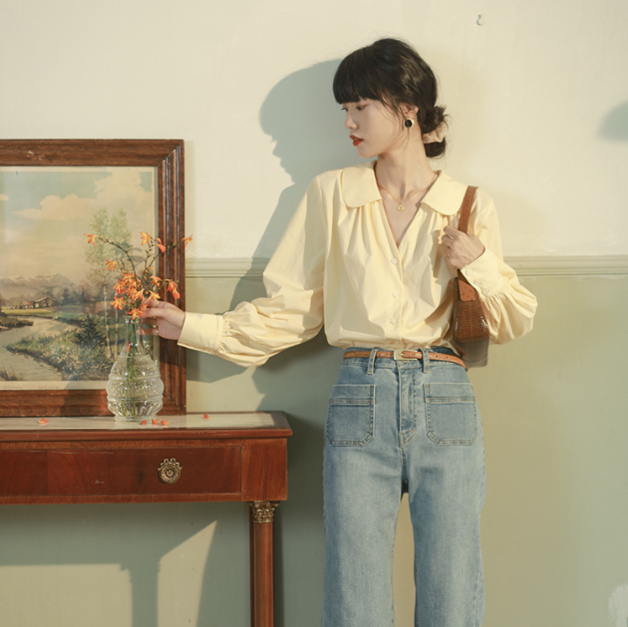 Áo Sơ Mi Tay Phồng Màu Trơn Phong Cách Retro Thanh Lịch Dành Cho Nữ