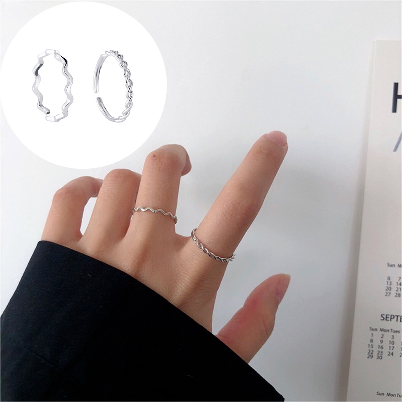 Set 2 Nhẫn Bạc Dạng Hở Gợn Sóng Đơn Giản Điều Chỉnh Được Thời Trang Cho Nữ